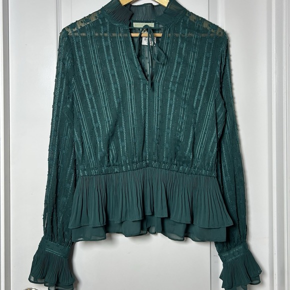 ryegrass Tops - Ryegrass Green Lace Chiffon Ruffle Peplum Tie Neck Blouse Fairycore Boho Style
